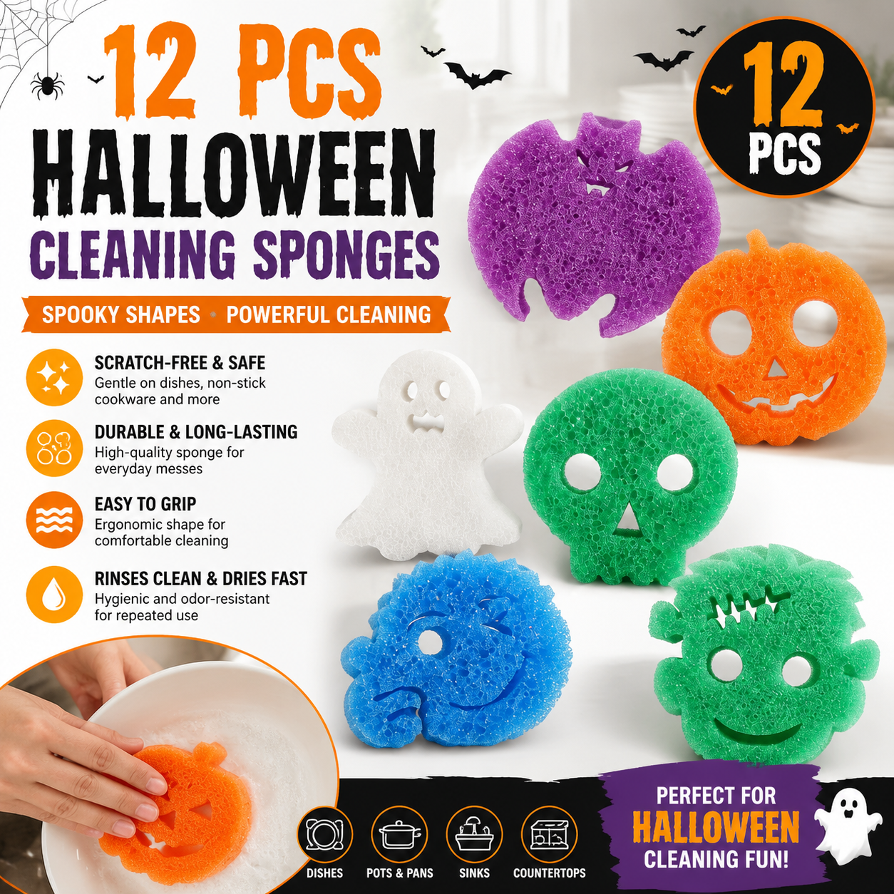 🎃12 Pcs Halloween Cleaning Sponges Cute Kitchen Scrub Sponges